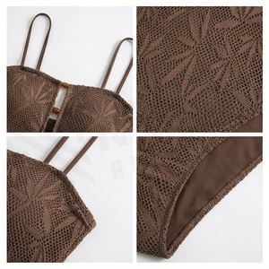 NORTH SOUTHERN Women's Brown One-Piece Swimsuit With Plant Pattern Hollow Out Design Plunge Neck Stretch Knitted Bodysuit - Product Image 5