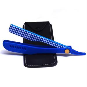 Morje Surgical Stainless Steel <b>Single</b> <b>Blade</b> <b>Razor</b> with Blue Checkered Handle Black Case for Men's Face Shaving (Barber Shop Use) - Product Image 3