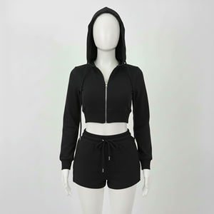 Ensemble de survêtement pour femmes en velours noir uni à manches longues et col rond, avec short assorti à cordon de serrage, vente en gros OEM ODM - Product Image 6