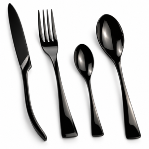 Collection de couverts élégants en ébène et acier inoxydable, quatre pièces, pour la salle à manger | Couteau, fourchette, cuillère à soupe, cuillère à café, couverts de table brillants - Product Image 1