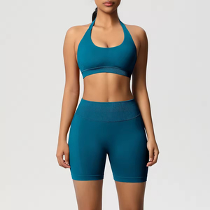 Wholesale Women’s 2-Piece Gym <b>Set</b> Adjustable Strap Sports Bra and Mid Waist Shorts Solid Front Seamless Quick Dry Workout - Product Image 5