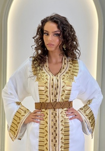 Kaftan turc blanc, abaya brodée d'or, col en V, manches longues, robe musulmane longue jusqu'au sol - Product Image 6