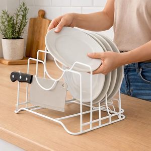 Étagère à assiettes en métal blanc avec porte-couteaux, organisateur de rangement de cuisine sur pied, design minimaliste - Product Image 1