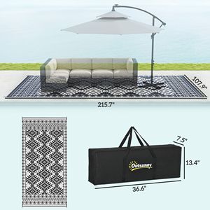Tappeto da esterno reversibile bianco e nero 9 'X 18' impermeabile in plastica con bordo a rombo borsa - Product Image 3