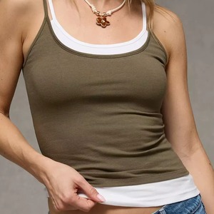 Color Block Crew Neck <b>Tank</b> <b>Top</b> <b>Women</b> 100% Cotton <b>Knitted</b> Front Breathable Quick Dry Sleeveless Camisole for Yoga Gym Running - Product Image 5