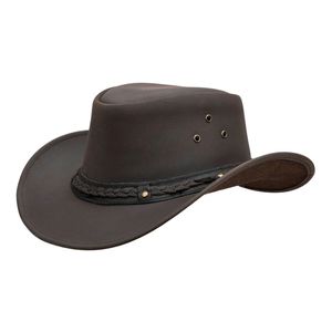Sombrero Vaquero de Cuero Bicolor Marrón y Beige Estilo Cattleman con Banda de Cuero Trenzado - Product Image 6
