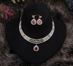 Premium Gemstone <b>Necklace</b> Set Ruby Emerald CZ Pear Cut Gold Plated <b>Statement</b> Jewelry for Women - Product Image 1