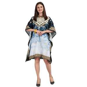 Robe Kaftan Courte pour Femme – Imprimé Paon Ethnique Jaune et Vert, Tunique Ample Festive - Product Image 1