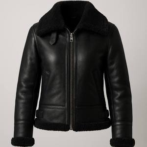 Women's Genuine Leather Bomber Jacket With Fur Lining <b>Zipper</b> Closure Winter Warm <b>Coat</b> Full Sleeve Solid Color New Style - Product Image 1
