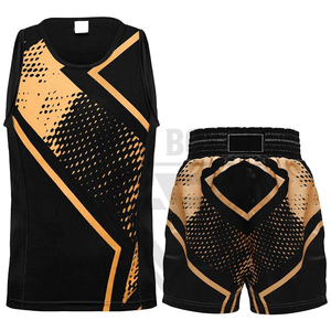 Ensemble de vêtements de boxe en gros sous marque privée, impression par sublimation, tenue de combat pour hommes, short de boxe et débardeur personnalisés en satin - Product Image 1