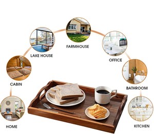 Plateau de service en teck massif avec finition laquée, poignées style ferme, portable et réutilisable pour la cuisine et le bureau - Product Image 4