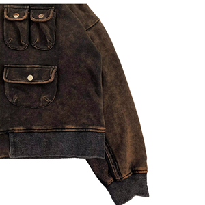 Sweat à capuche cargo zippé pour homme, coupe ample, style streetwear, en molleton épais délavé vintage, multi-poches, OEM - Product Image 5