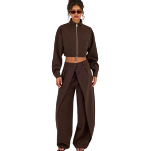 Women's <b>Cropped</b> Full Zip Tracksuit Set Stand Collar Contrast Trim Baggy <b>Jogger</b> Trousers Drawstring Waist Two Piece Casual Outfit - Product Image 1