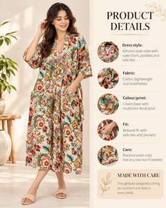 Bata Kimono Floral de Algodón Orgánico al por Mayor |   Bata de dormir con estampado artesanal y bolsillos |   Conjunto de Pijama de Manga Larga con Cuello en V - Product Image 2