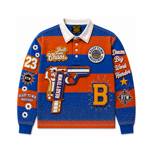 READY TO WIN INDUSTRIES Men's Long Sleeve Embroidered Polo <b>Shirt</b> Street Style <b>Patchwork</b> Design Blue Orange Contrast Trim - Product Image 1