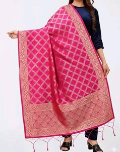 Handmade Rani Pink Art Silk Jacquard Dupatta Stoles <b>Golden</b> Floral Borders Tassels Zari Jaal Grid Banarasi Wedding Gift Birthday - Product Image 1