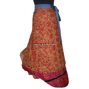 Nuevo Mayorista de Faldas y Vestidos Cruzados de Dos Capas con Estampado de Bloques, Falda Cruzada Reversible de Seda Vintage Mágica de 38 Pulgadas de Largo - Product Image 6