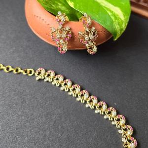Fine Jewelry Bridal <b>Necklace</b> and Earring Set with <b>Ruby</b> and Zircon Gold Polish Peacock Design - Product Image 2