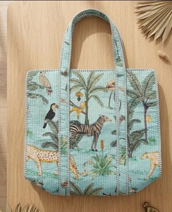 Jungle Print Quilted Cotton Fabric Tote Bag Handmade Reusable Eco Friendly Shopping Carry Bag Perfect <b>Gift</b> for Daily Use - Product Image 1