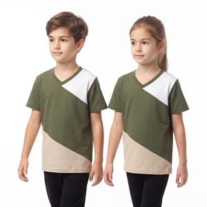 Ropa Casual para Niños, Camisetas de Manga Corta con Cuello en V y Contraste de Tres Colores, Unisex, Ropa Infantil, Prendas Personalizadas al por Mayor - Product Image 3