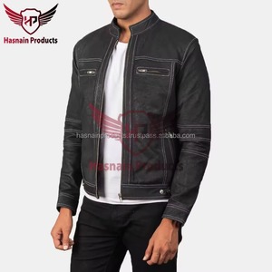 Chaqueta de Motociclista Negra para Hombre, Cuello Alto, Cierre de Cremallera, Corte Ajustado, Acabado Lavado, Color Sólido, Largo Regular, Estilo Biker - Product Image 3