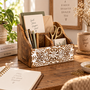 Wooden Office <b>Desk</b> Organizer White Distressed Stationery Holder Pen Marker Art Supply Caddy Farmhouse Desktop Storage Wholesale - Product Image 3