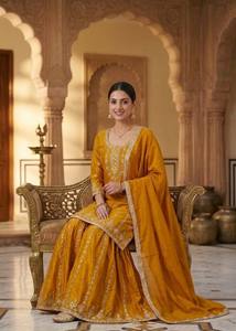 Vêtements Inde Pakistan 2022, sari/sari/shari brodé à la main avec des motifs floraux, manches bouffantes, col en V, haute qualité, prix de gros, pour les fêtes - Product Image 6