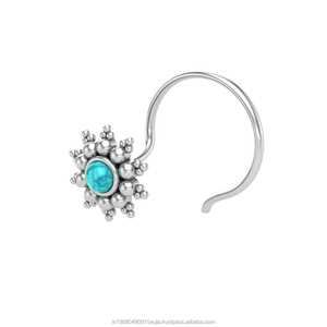 Indian Mores 925 Sterling <b>Silver</b> Round Shape Turquoise Cup Setting <b>Nose</b> Pin Stud for Women Girls - Product Image 2