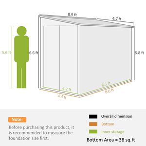 4.6FT X 9FT Outdoor Storage Shed Dark Gray Metal Lean-to <b>Foundation</b> Kit Lockable Doors Gloves for Patio Lawn for Backyard Use - Product Image 3