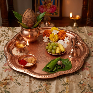 Ensemble de thali en cuivre fait main pour la Pooja, assiette traditionnelle pour la Puja, cadeau pour le festival Diwali, thali Aarti, décoration pour le temple à domicile, vente en gros - Product Image 4