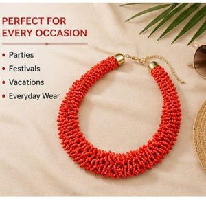 Handmade Coral Red Seed Bead Casual Ball <b>Statement</b> <b>Necklace</b> for Women | Chunky 14K Gold Plated Collar <b>Necklace</b> | Bohemian - Product Image 2
