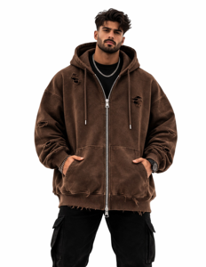 Sudadera con capucha unisex marrón vintage lavada y desgastada con cremallera, ajuste regular, forro polar rasgado, estilo urbano, con bolsillos, 100% algodón - Product Image 1