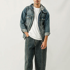 URBANGAZER Men's Denim Varsity Jacket High Street Denim <b>Covered</b> <b>Button</b> Closure Casual Style Winter Wear Regular Fit Solid Color - Product Image 6