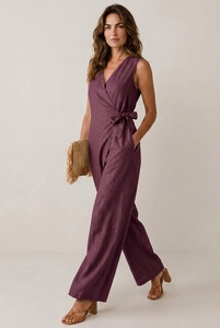 Combinaison décontractée d'été pour femme, violette, taille haute, en coton extensible, sans manches, col en V, jambes larges, respirante, avec ceinture, longueur intégrale, transparente - Product Image 1