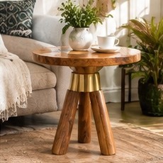 Mesa Auxiliar Redonda de Madera, Mesa de Estilo Rústico con Acabado Natural, Mueble Auxiliar para Sala de Estar - Product Image 1