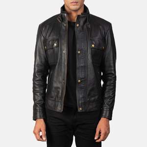 Veste moto en cuir véritable noir pour homme, col montant, fermeture à boutons, coupe ajustée, longueur normale, couleur unie, style automne - Product Image 6