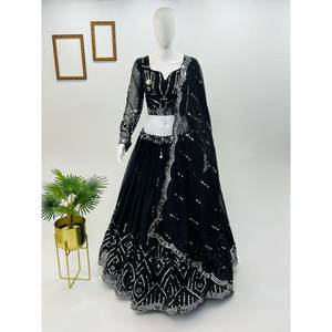 SEQUENCE DE BRODERIE GEORGETTE LA PLUS CHOISIE TRAVAIL LEHENGA CHOLI AVEC DUPATTA NOIR - Product Image 1