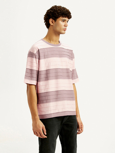 Camiseta de Algodón a Rayas para Hombre, Manga Corta, Cuello Redondo, Corte Regular Informal, Tejido de Punto Transpirable, Rosa Morado - Product Image 3