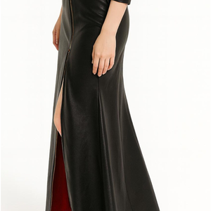 Women's Black Faux Leather Maxi Dress With Zipper And Belt Asymmetrical Collar Three Quarter Sleeve - Product Image 2