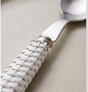 Minimalist Flatware Set With White Woven Handles Stainless Steel Cutlery Dishwasher Safe Wedding Silver Tone Knives Forks Spoons - Product Image 2