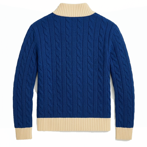 Women's Blue Cable Knit Half-Zip Cardigan With Contrast Trim Stand Collar Long Sleeve Autumn Classic Style Wholesale <b>University</b> - Product Image 3