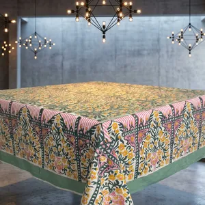 Teal Floral <b>Printed</b> Tablecloth With Pink Border And Traditional <b>Botanical</b> Motifs Hand block Rectangle Cotton Table Cloth Decor - Product Image 4