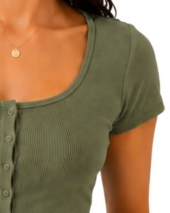 Top Corto de Punto Acanalado Verde Oliva para Mujer, Manga Corta, Cierre de Botones al Frente, Corte Ajustado, Cuello Cuadrado, Blusa Informal de Verano de Algodón - Product Image 4
