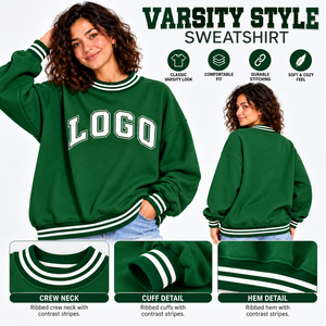 เสื้อสเวตเชิ้ตผ้าเฟรนช์เทอร์รี่สีเขียวคุณภาพสูงแบบขายส่ง แต่งขอบยางยืดลายทาง ทรงหลวม สไตล์วิทยาลัย สำหรับผู้หญิง - Product Image 2