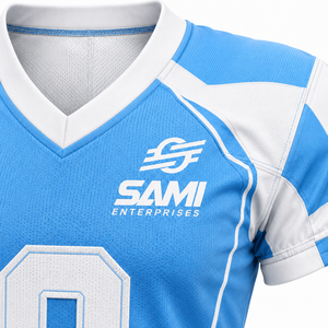 American Football Uniform Set Light Blue <b>White</b> <b>V</b>-<b>Neck</b> Short Sleeve 100% Polyester Moisture Wicking Fitted Adult Custom Team Name - Product Image 5