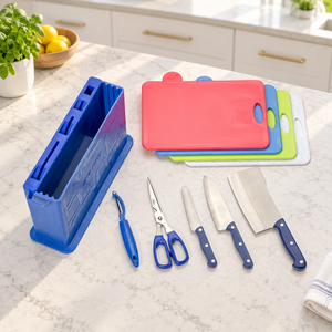 Juego de Cuchillos de Acero Inoxidable de 10 Piezas con Mangos de Plástico Coloridos (Rojo, Gris, Azul), Bloques de Almacenamiento, Colección de Utensilios de Cocina Duraderos JAYA - Product Image 1