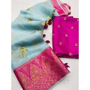 FANCY ORGANZA JARI SECUENCIA JACQUARD FRONTERA TRABAJO SAREE CON BLUSA DESCOSADA SKY - Product Image 1