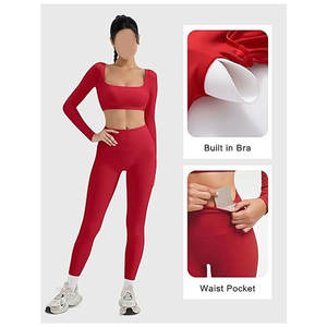 Conjuntos Deportivos de 2 Piezas para Mujer, Leggings de Compresión con Control de Abdomen y Bolsillos, Top Corto Acolchado de Manga Larga con Cuello Cuadrado, Ropa Deportiva - Product Image 2