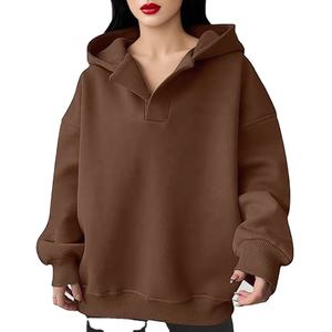 <b>Women</b> Oversized Hooded <b>Sweatshirt</b> Solid Color Drop Shoulder Long Sleeve Knitted Cotton - Product Image 3