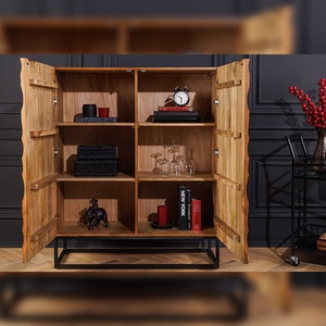 Vandana Nordic Field, taburete alto de madera VULCANO de 120 cm, madera de mango marrón con tallados 3D, estructura metálica hecha a mano, color negro - Product Image 2